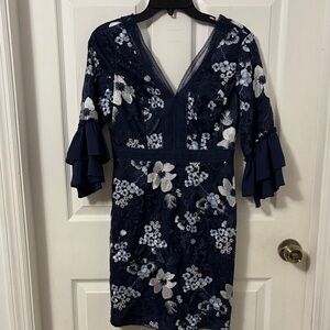 Navy Floral Lace V-Neck Ruffle Sleeve Dress